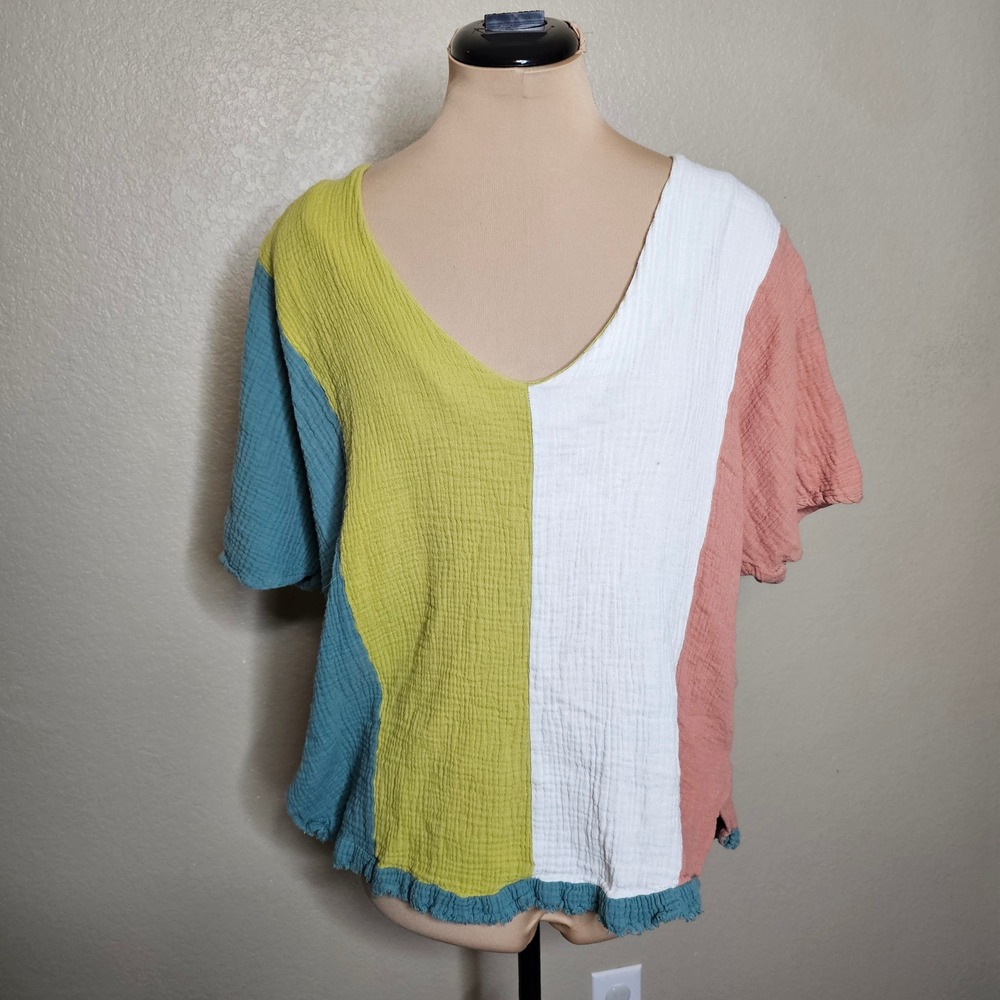 Umgee Womens Colorblock Cotton Gauze V-Neck Top Short Sleeve‎ Boho Blouse Medium